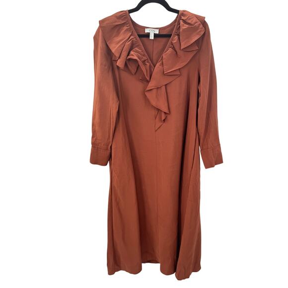 COS Allmira Dress Ruffled V-neckline Maxi Women's Size 4 Brown Fall - Picture 4 of 13